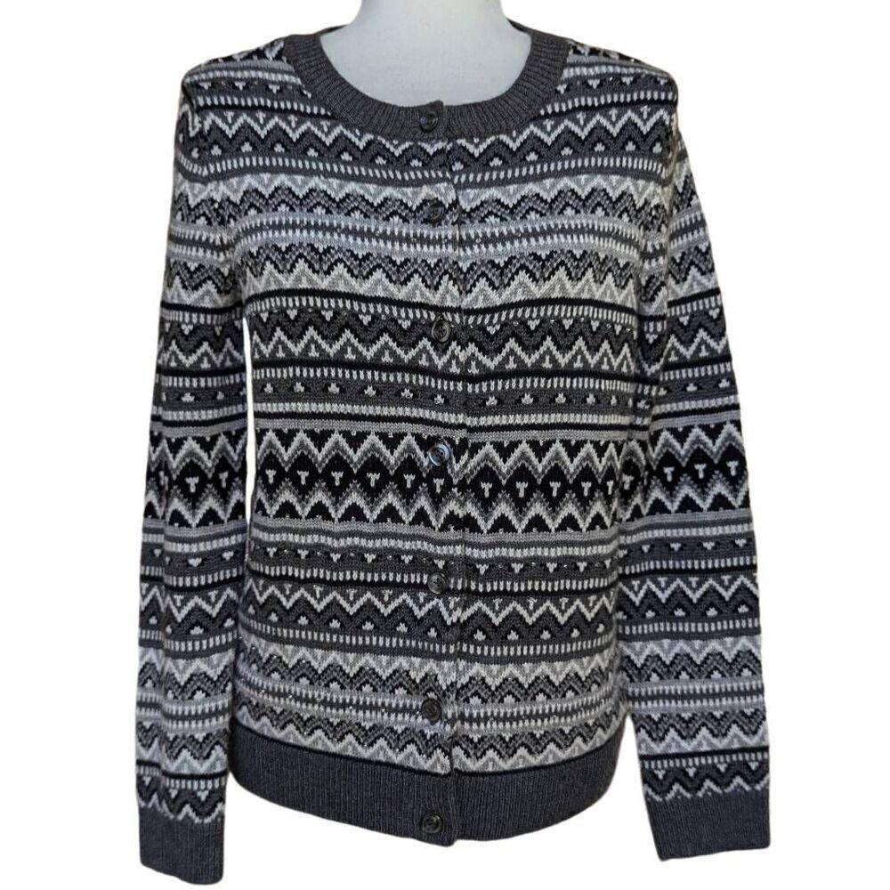 Talbots Gray Fair Isle Beaded Cardigan Sweater Black White Size Mp Lambswool